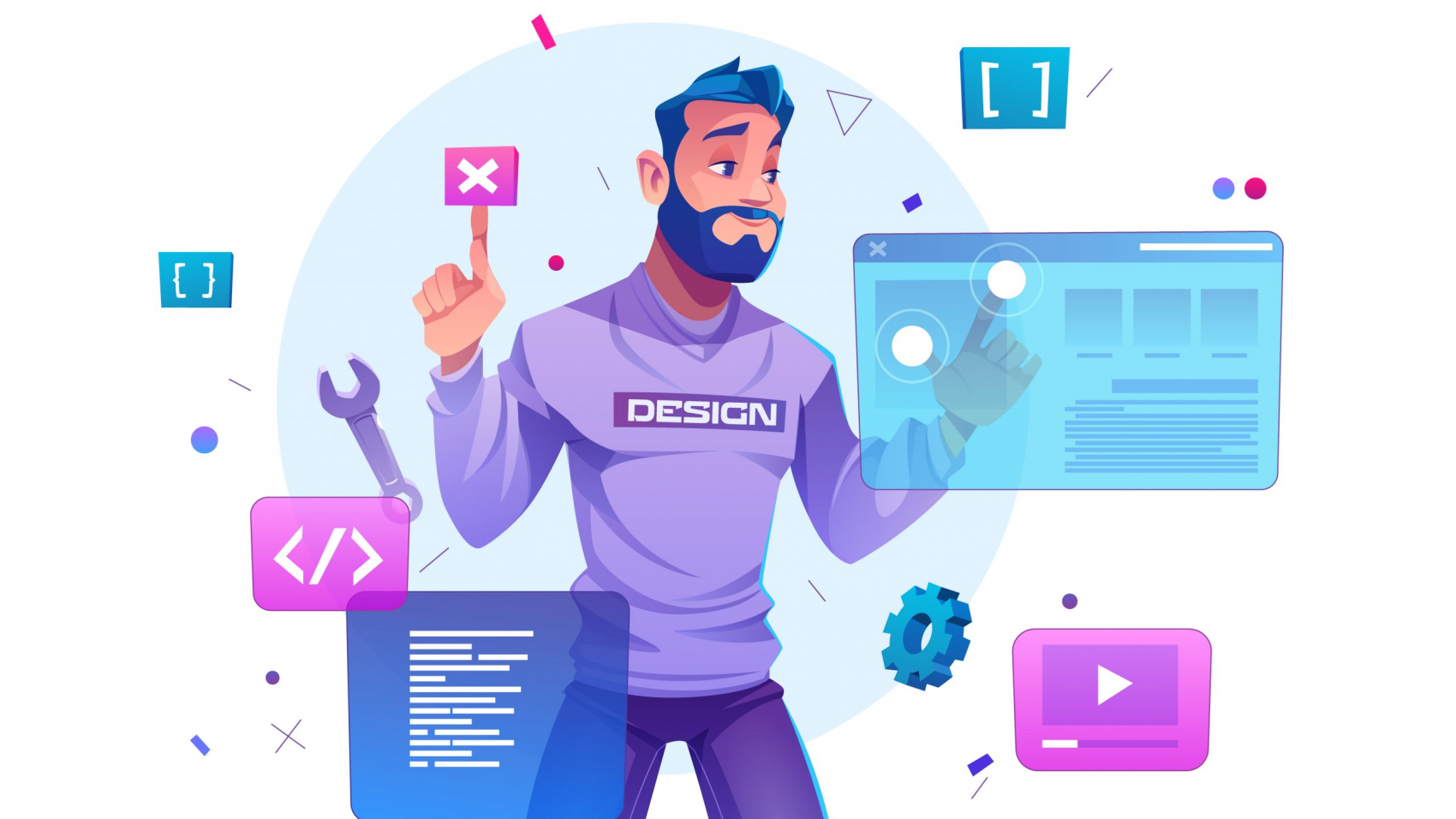 Web development, programmer engineering and coding website on augmented reality interface screens. developer project engineer programming software or application design, Cartoon vector illustration